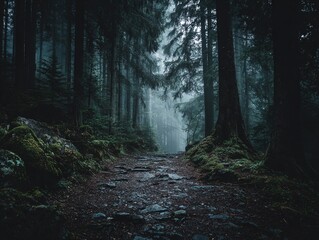 Obraz premium Exploring the dark forest trail: a misty woodland walk through nature scenery