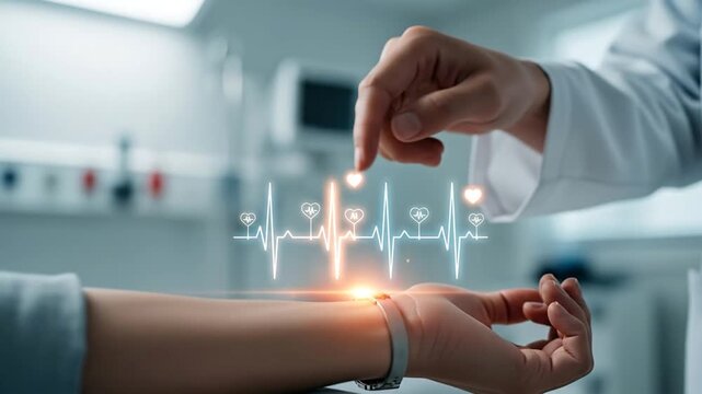 Innovative Digital Healthcare Technology Concept Showing Doctor Performing Non-Invasive Heart Monitoring Using Futuristic Data Visualization in Modern Medical Laboratory Setting