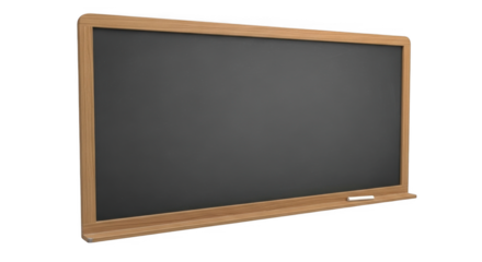 A realistic 3D render of a classroom blackboard with a wooden frame and a piece of chalk resting on the ledge showcasing a dark grey writing surface perfect for education and learning environments