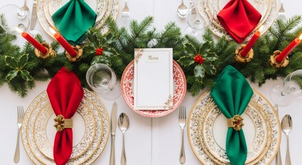 Holiday table setting with green and red napkins, elegant dishware, fir garlands, and a blank menu card. Winter season celebration feast.