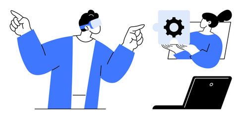 Professionals interacting through online platforms, exploring innovation with VR, gears, and digital connectivity. Ideal for remote work, creativity, brainstorming, education, tech support teamwork