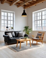 Fototapeta premium Contemporary Loft Living Room with Minimalist Furniture and Black Metal Floor Lamp, Copy Space on Right Wall