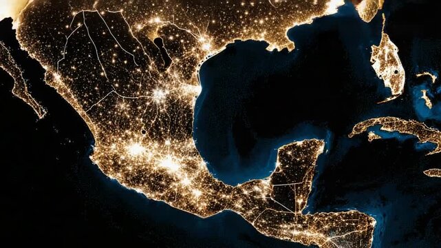 Night view of a continent illuminated with city lights against a backdrop of deep blue oceans