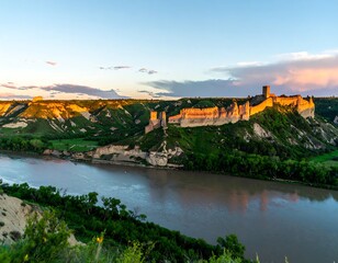 Scotts Bluff National Monument view with North Platte River at sunset Nebraska