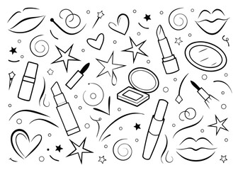 Charming hand drawn seamless pattern featuring artistic lipstick illustrations in a vibrant color palette perfect for beauty branding and packaging designs