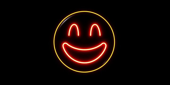 Glowing neon face emoji UI feedback on black background, screen, glowing