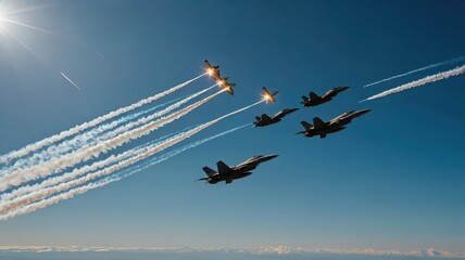A formation of fighter jets flying in the sky with smoke trails during an air show display event
