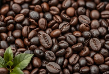 Fototapeta premium Rich, dark roasted organic coffee beans closeup, food, ingredient