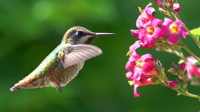 Hummingbird flying near pink flowers drinking nectar in a vibrant green background