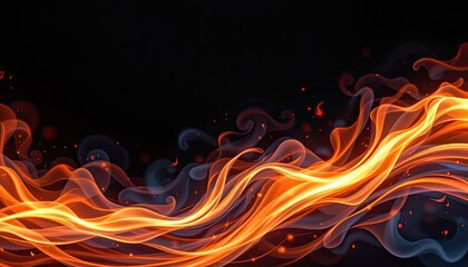 Vibrant Orange and Red Flames with Smoke Waves on Black Background for Creative Backgrounds and Visual Designs