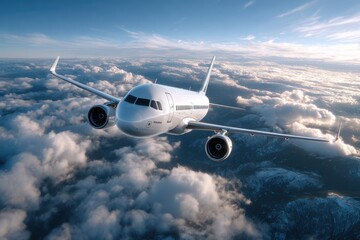 Airplane Soaring Above Snowy Mountain Peaks And Clouds