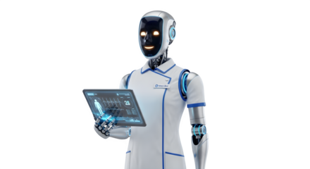 Robot nurse holding a digital tablet displaying patient information