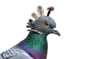 Close up of a fancy pigeon with feathers on its head on black