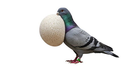 Pigeon carrying a large egg in its beak