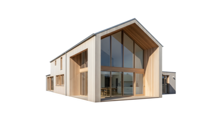 Modern wooden house with large windows and minimalist design style