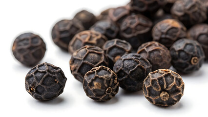 Aromatic black peppercorns are displayed in a macro shot, showcasing their intricate texture and culinary use as a flavorful spice