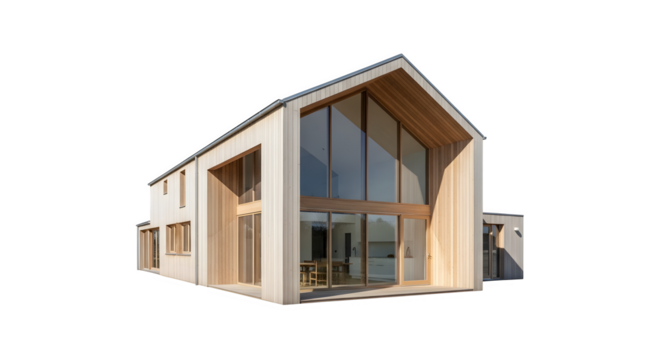Modern wooden house with large windows and minimalist design style