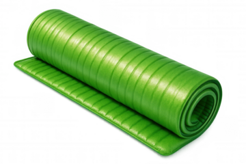 Green camping or yoga mat partially rolled up, isolated on transparent background, ready for fitness or outdoor activities
