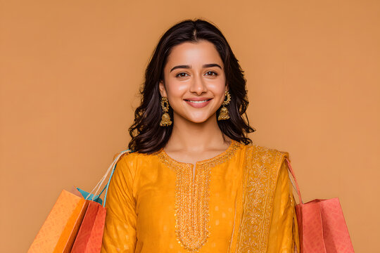 Happy young beautiful indian woman wearing traditionl outfit holding shopping ags standing isolated on bige studio background. Diwli celebration and festivesale concept.