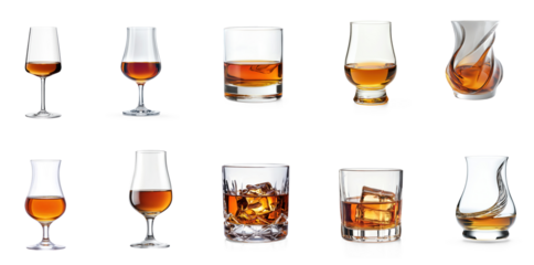 Various types of glasses filled with different liquids, including whiskey, on a white background.
