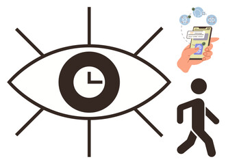 Eye with clock signifying time focus, hand using phone with notifications, and walking figure. Ideal for time tracking, productivity, technology, motion, communication, efficiency simple flat