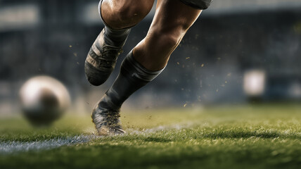 Action Shot Rugby Player Kicking Ball on Field with Momentum