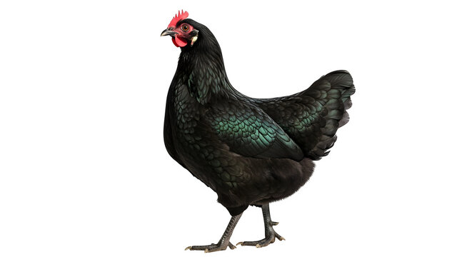 Beautiful black australorp chicken with iridescent feathers on black