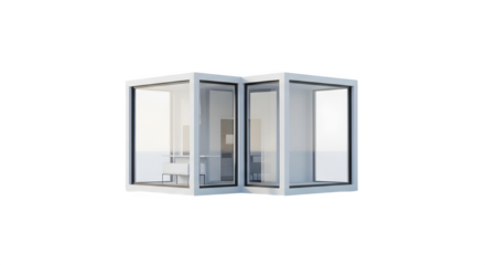 Minimalist modern office pod with glass walls and bright interior