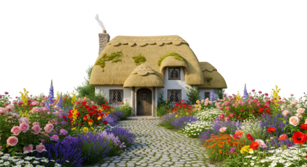 Charming thatched cottage surrounded by a vibrant flower garden path