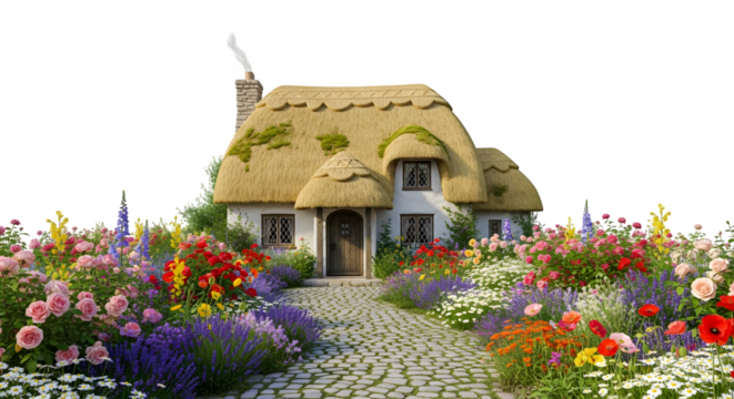 Charming thatched cottage surrounded by a vibrant flower garden path