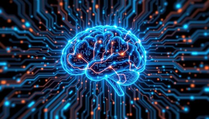 Futuristic Digital Brain with Electric Connections and Circuit Patterns in Vibrant Colors
