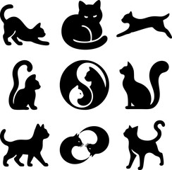 Collection of 9 unique black cat silhouette icons on white background. Minimalist and clean vector-style design, perfect for logos, stickers, tattoos, web design, print, t-shirts, and creative project
