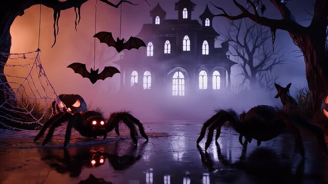 Halloween scene with haunted house bats and spiders digital artwork