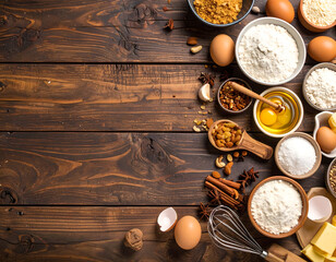Ingredients for making bread on a wooden background top view