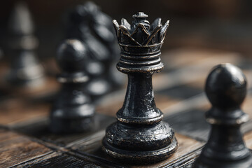 Fototapeta premium Generative AI close-up of black chess king piece wit pawns on a chessboard symolizing strategy and leadeship