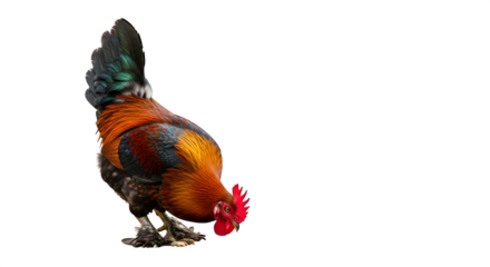 Beautiful rooster with vibrant plumage pecking at the ground