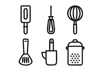 Comprehensive collection of kitchen utensil and appliance symbols featuring adaptable stroke thickness for versatile graphic design applications