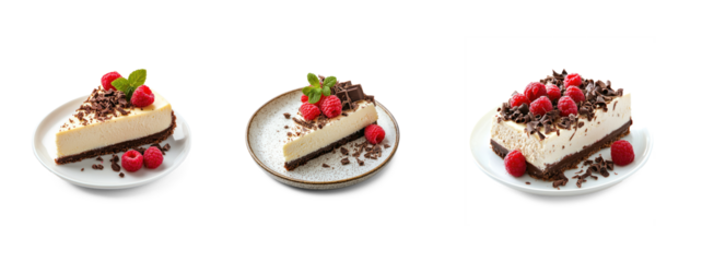Three slices of cheesecake with raspberries and chocolate on a white plate.