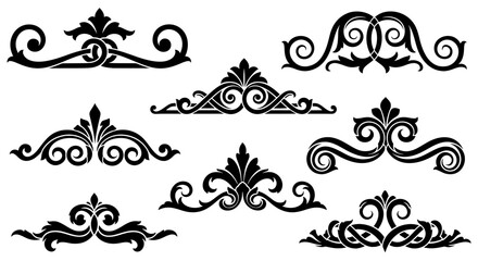 Fototapeta premium A collection of eight black Victorian-style ornamental flourish designs. Symmetrical vector elements for headers, page dividers, and elegant decorations.