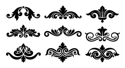 A collection of ornate vector flourishes for classic page decoration. Elegant black silhouette elements for wedding invitations, borders, and certificates.