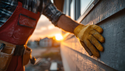 Construction worker installing siding on a house durng sunset. The worker wear yellow gloves and red ovealls. Sunlight illuminatesthe exterior wall, highligting the siding installatin process.