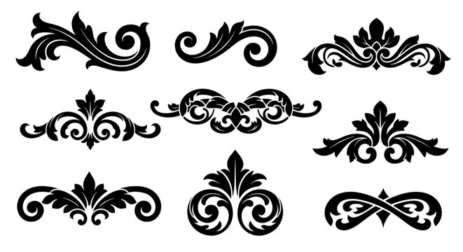 Naklejki A set of elegant scroll ornaments and classic vintage flourishes. Isolated black silhouette vector graphics for creating ornate borders and decorative frames.