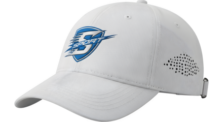 White baseball cap with blue sport logo perfect for outdoor activities