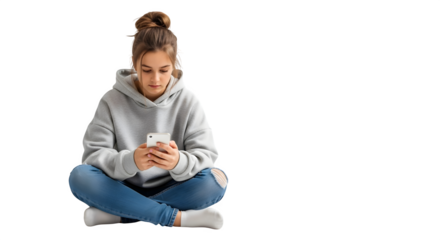 Young woman using her smartphone while sitting cross legged on floor