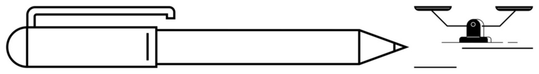 Ballpoint pen paired with balancing scales symbolizing precision, decision-making, equality, creativity, and analytical thinking. Ideal for education, law, writing, justice equilibrium simplicity