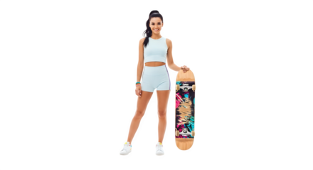 Smiling woman with skateboard in active wear against a