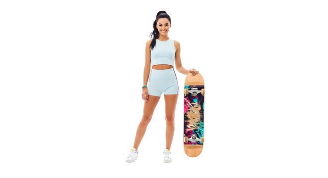 Smiling woman with skateboard in active wear against a - Powered by Adobe