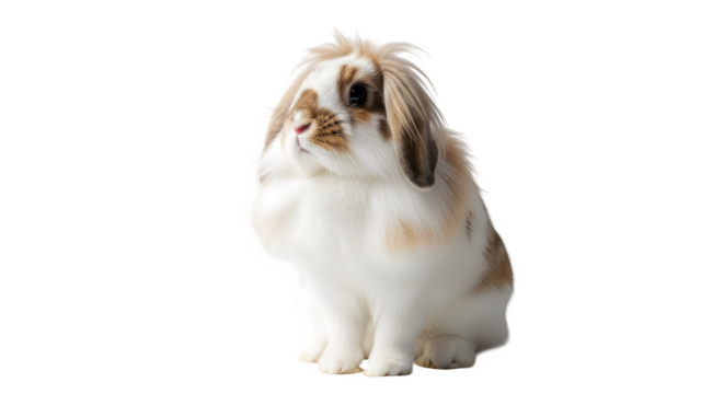 Adorable lop eared rabbit sitting upright looking to the left side