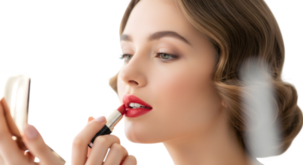 Elegant woman applying red lipstick while looking in a small mirror