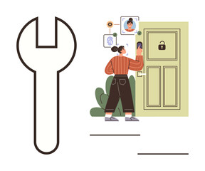 Woman unlocking door with facial recognition interface, surrounded by tech icons and plants. Ideal for security, technology, innovation, safety, home automation, privacy modern lifestyle. Simple